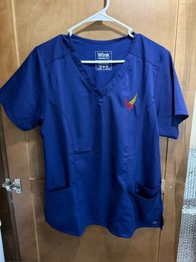 Wink Navy Blue V-Neck Scrub Top with Red and Yellow Embroidery